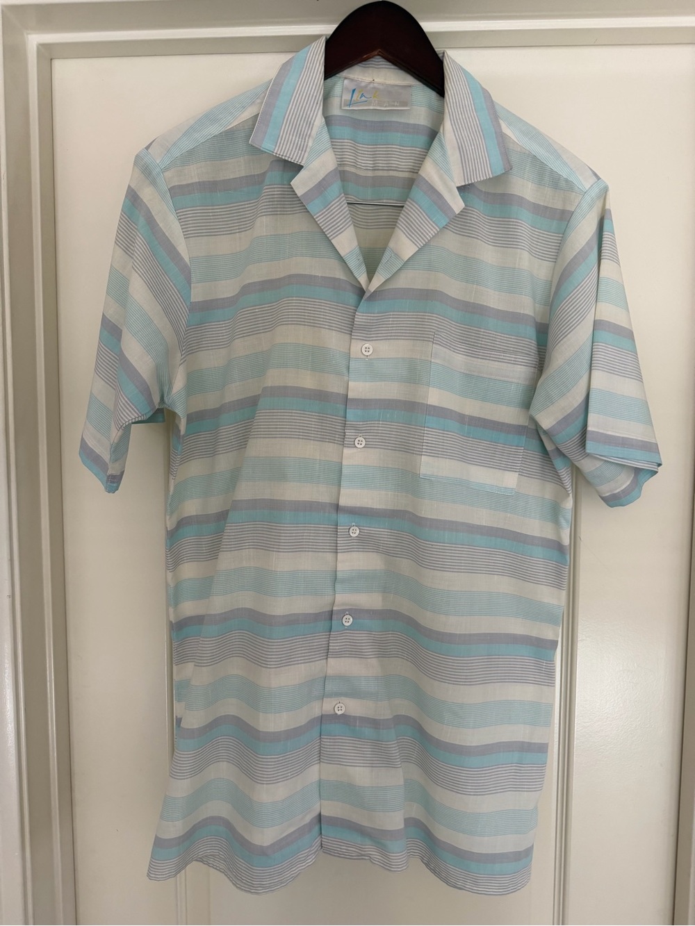 VTG 80s Does 50s Style Open Collar Blue Lavender White Striped Rockabilly Shirt